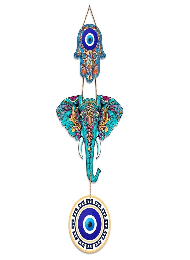 Camin Designer Elephant Wooden Wall Hanging with Hamsa Hand and Evil Eye, 18 Inch, Turquoise Blue, Home Decor for Living Room and Door